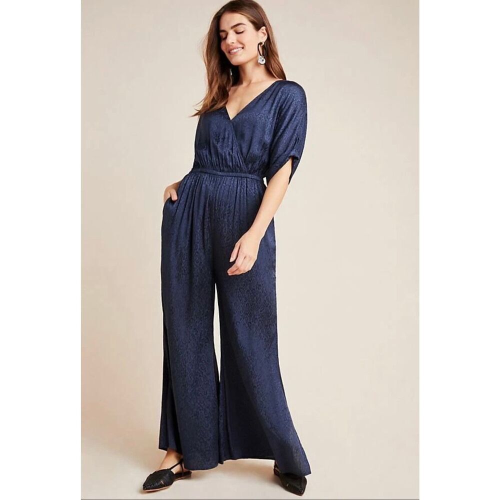 Anthropologie Maeve Ink Navy Marin Animal Jacqueline Jacquard Jumpsuit Small